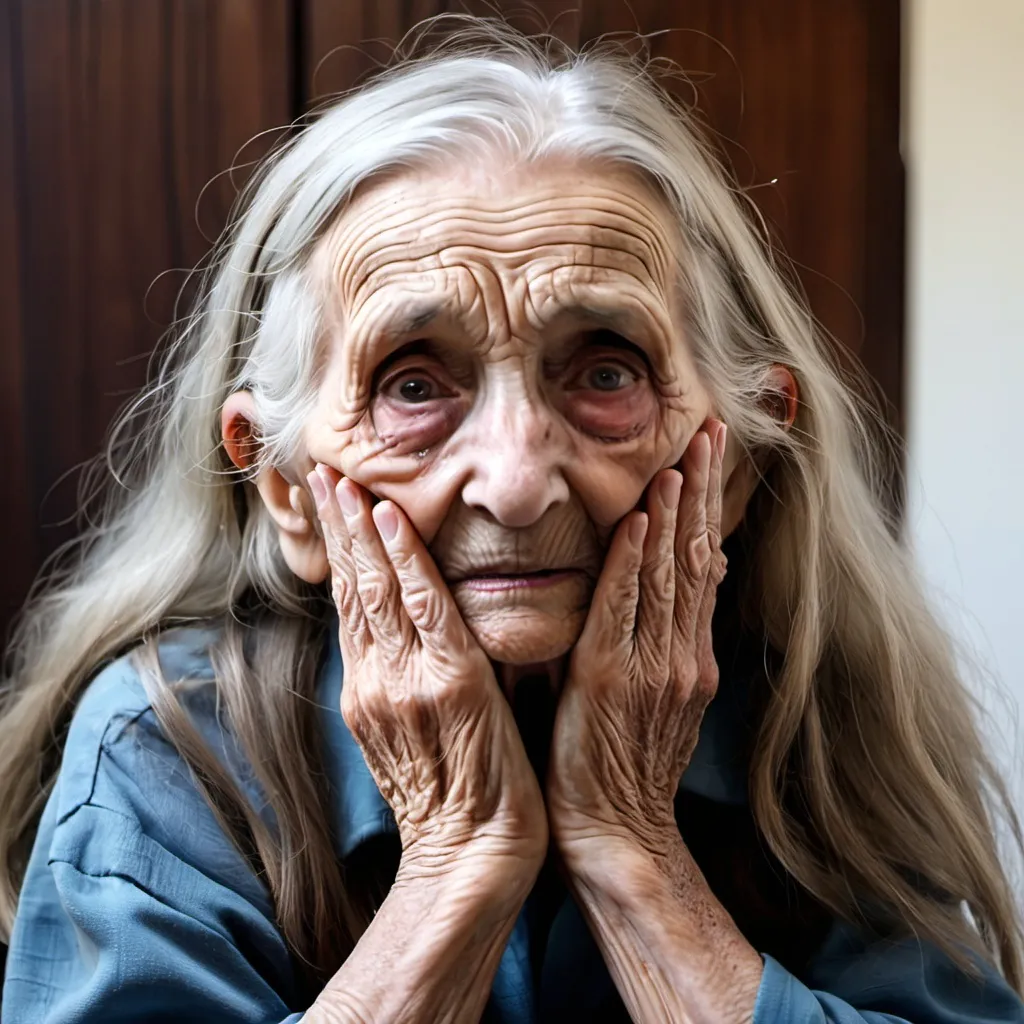 Prompt: A 100 year old woman with long hair holding her face in her hands