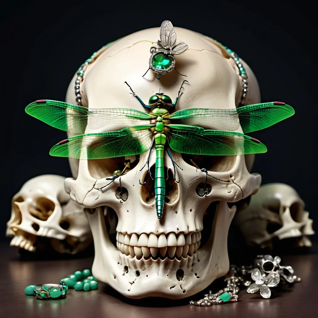 Prompt: A green dragonfly sitting on a skull with jewels 