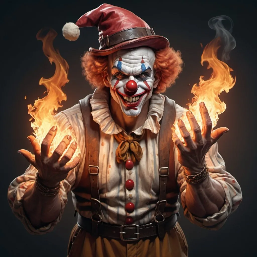 Prompt: hyper-realistic musclebound hobo clown character with fire hands, fantasy character art, illustration, dnd, warm tone