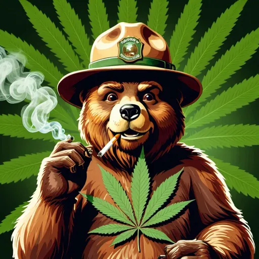 Prompt: Smokey the Bear smoking a joint with a marijuana leaf background 