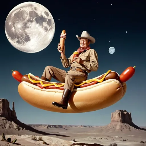 Prompt: John Wayne riding a hot dog over the moon