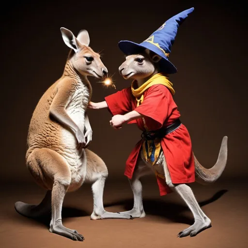 Prompt: A kangaroo boxing a dwarf dressed as a wizard