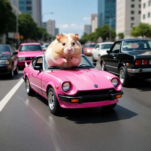 Prompt: A pink hamster driving a black Datsun 280z in traffic