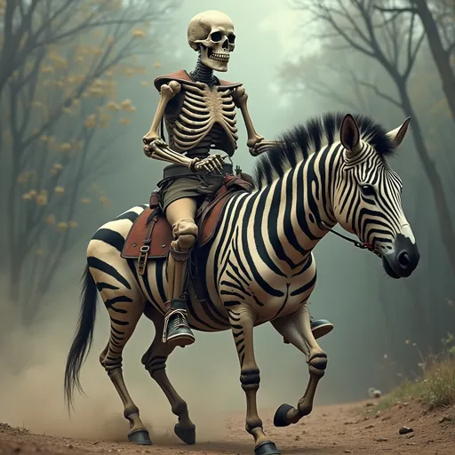 Prompt: A skeleton riding a zebra