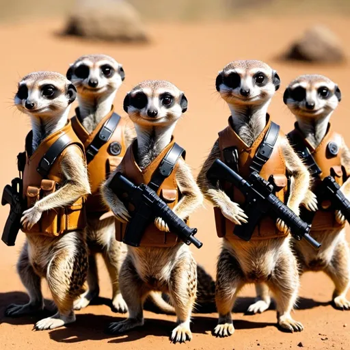 Prompt: A bunch of meerkats standing with gun holsters holding guns
