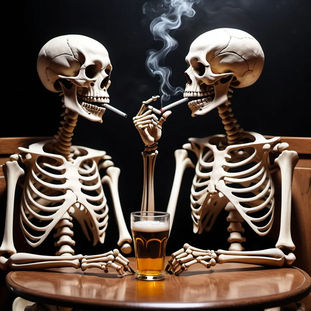 Prompt: Two skeletons at a table smoking cigarettes and drinking beer