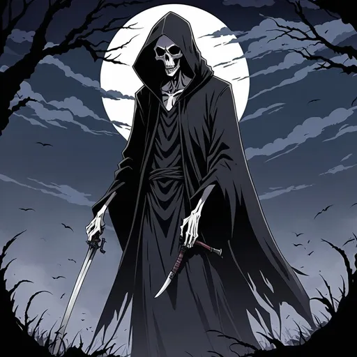 Prompt: 2d dark j horror anime style, grim reaper anime scene