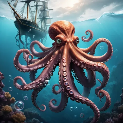 Prompt: At the bottom of the ocean, a giant octopus grabs a masted sailing ship from the surface. Bubbles.