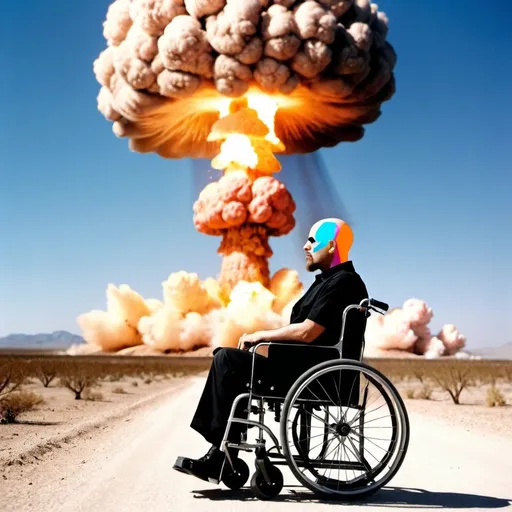 Prompt: A bald man with a chin beard sitting in a wheelchair with a nuclear explosion in the background desert