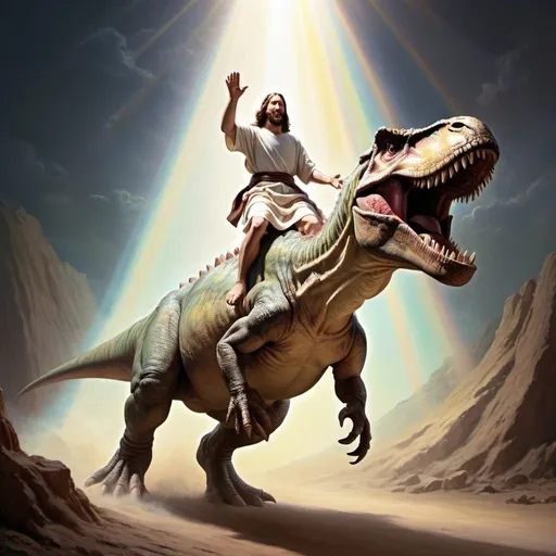 Prompt: Jesus riding on a tyrannosaurus rex, pastels, beams of light