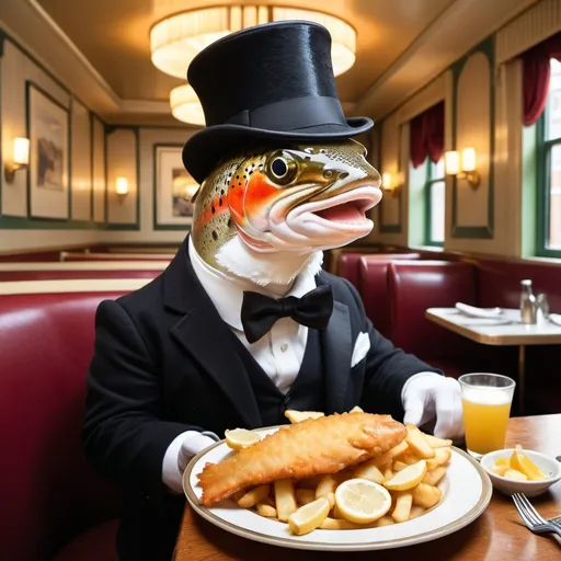 Prompt: A trout in a top hat eating a plate of fish and chips in an art deco restaurant.