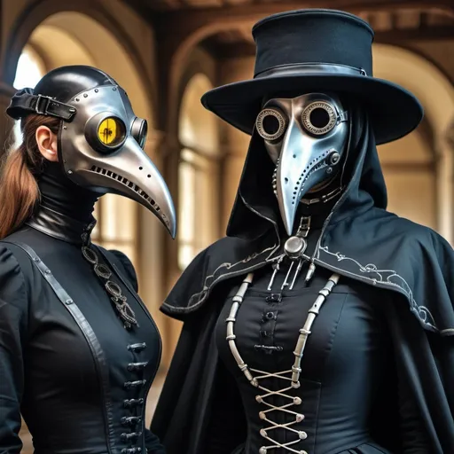 Prompt: A plague doctor in black and a beautiful female cyborg from  the 1890s HDR UDH 64K