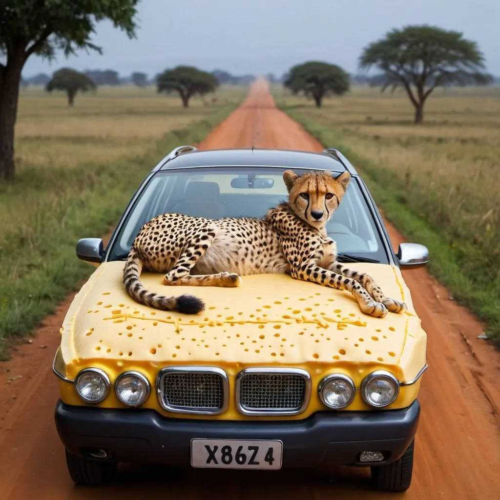 Prompt: A cheetah lies on a car made of cheese in the middle of a country road