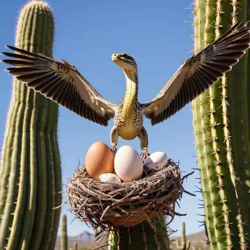 Prompt: A flying snake with wings protecting a nest of eggs high in a saguaro cactus