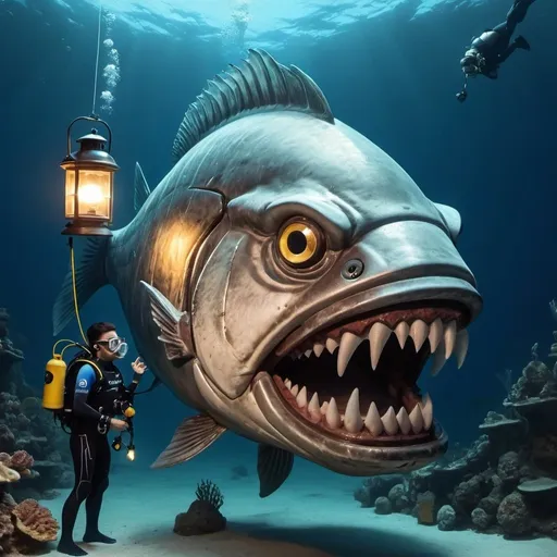 Prompt: A huge fish with giant teeth and a lantern next to a tiny scuba diver