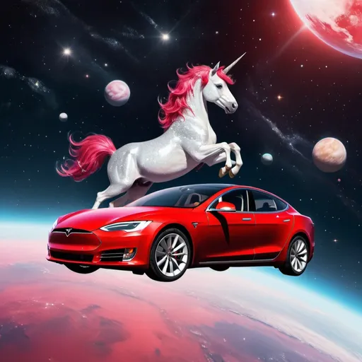 Prompt: A sparkly unicorn floats in outer space in a red Tesla 