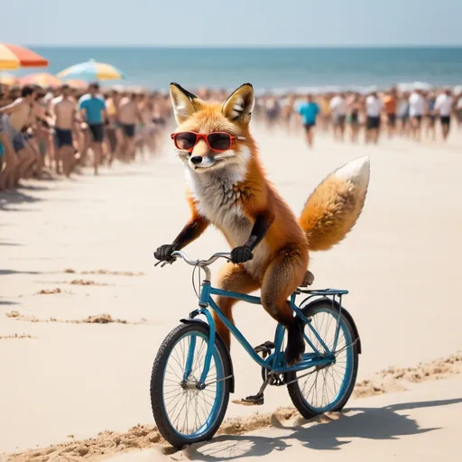 Prompt: A fox in sunglasses riding a bicycle on a sandy beach full of people 
