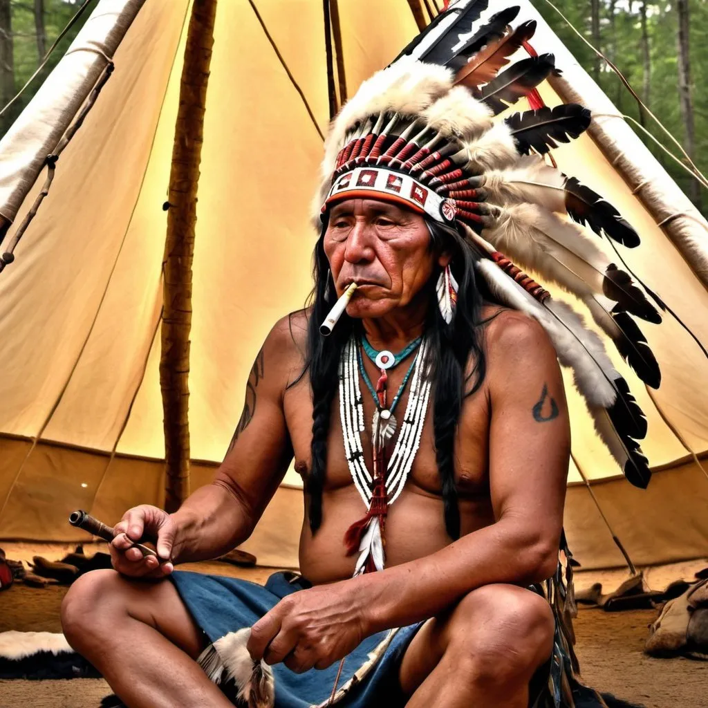 Prompt: A native American chief in a headdress smoking a peace pipe in a teepee HDR UDH 64K