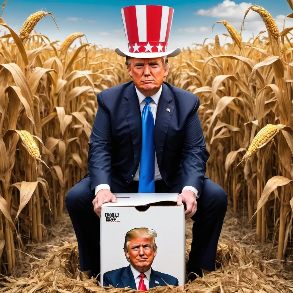 Prompt: In a photographic style, a Jack in the box with Donald Trump's face sitting in a cornfield 