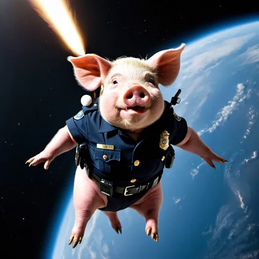 Prompt: A pig in a police uniform being catapulted into space