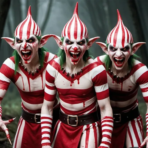 Prompt: Evil elves with sharp bloody teeth and claws wearing red and white stripes