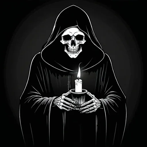 Prompt: A black line drawing of the grim reaper holding a candle illuminating the darkness