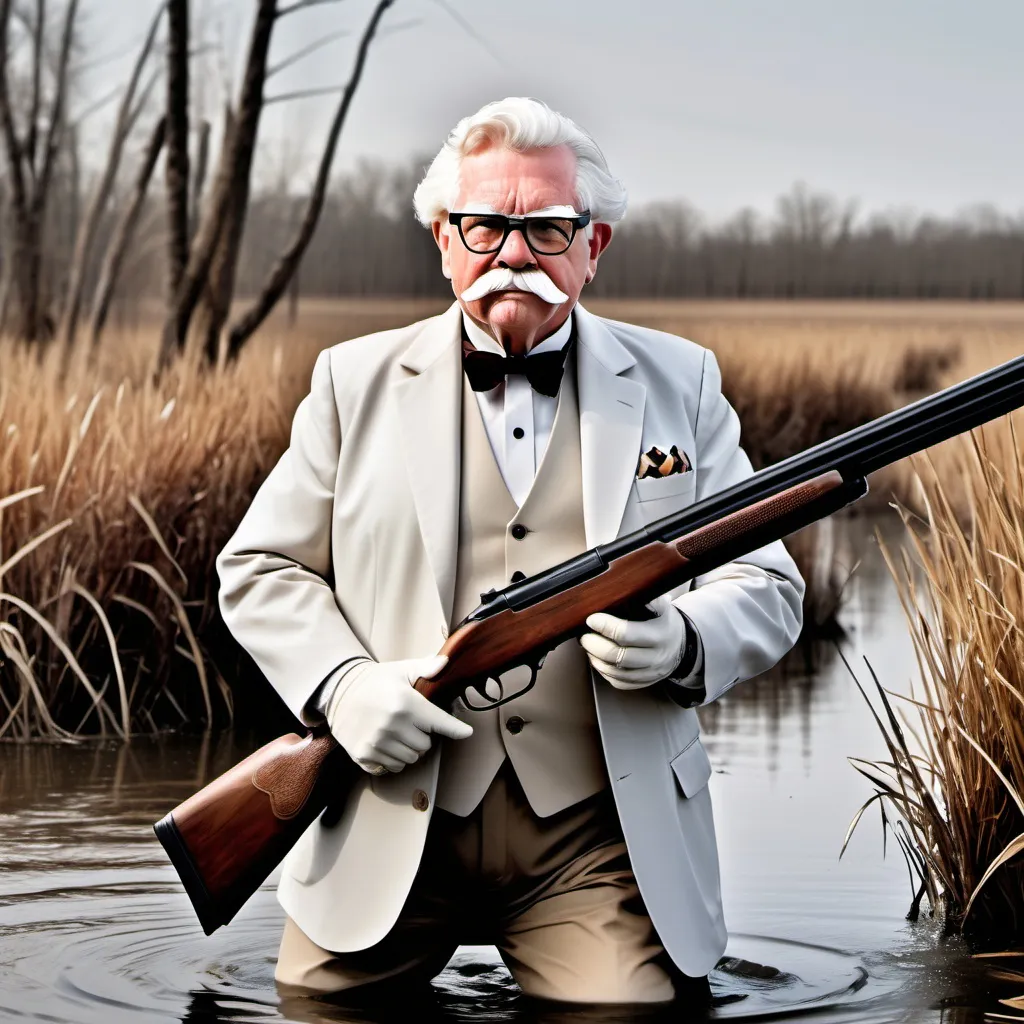 Prompt: Colonel Sanders in a marsh duck hunting with a shotgun