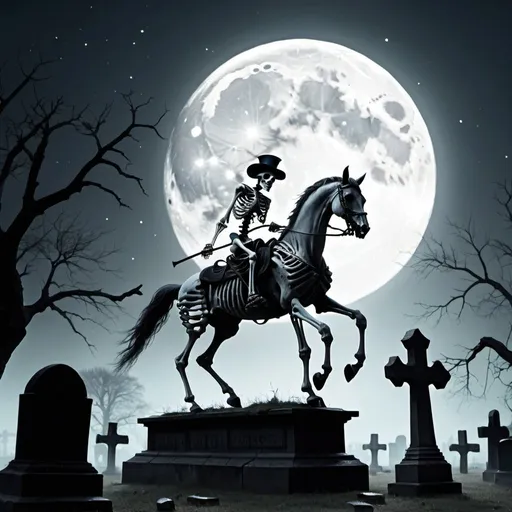 Prompt: A skeleton riding a horse in a graveyard ful moon