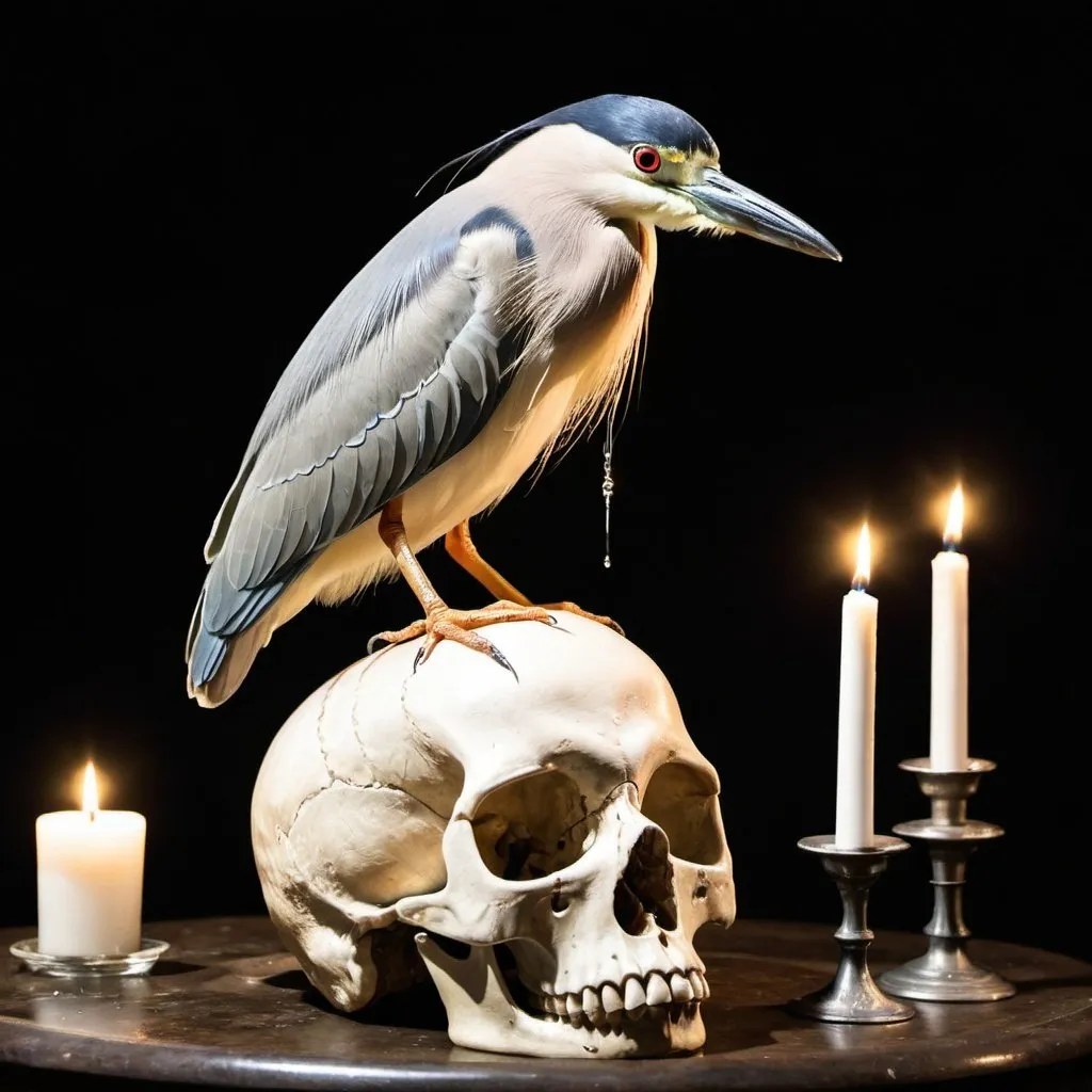 Prompt: A black crowned night heron sits atop a human skull. It is night and a dripping candle illuminates the scene.