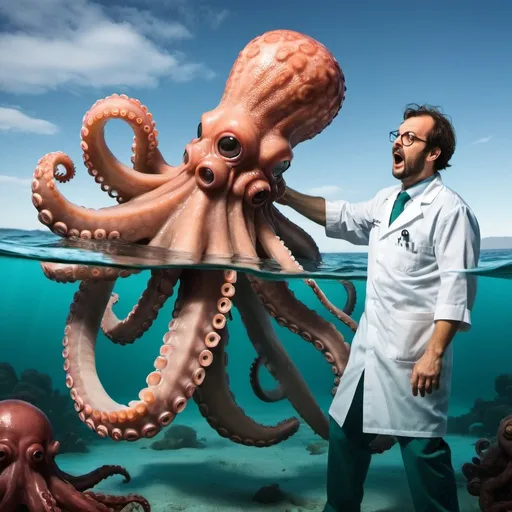 Prompt: A man dressed as a surgeon is  attacked by an octopus in the ocean. An eel watches.