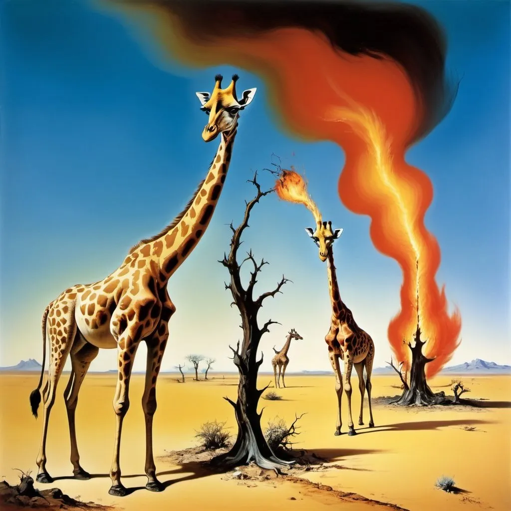 Prompt: Salvador Dali giraffes with neck on fire in the desert one tree Dr Seuss 