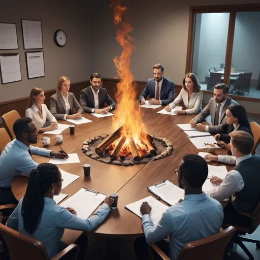 Prompt: A board meeting full of corporate types. Casually dressed they gather around a large table. There is a campfire in middle of the table. They are burning papers