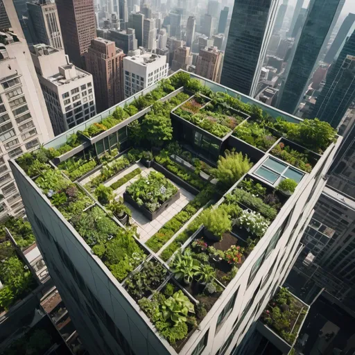 Prompt: An aerial view of a lush rooftop garden atop a skyscraper overlooking a vast city 