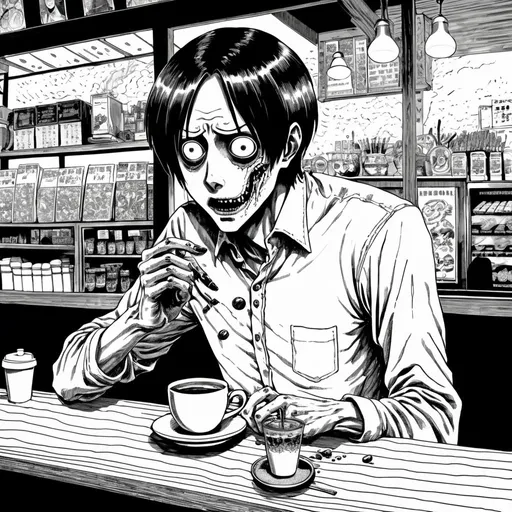 Prompt: Junji Ito manga style, man in coffee shop shooting heroin manga scene