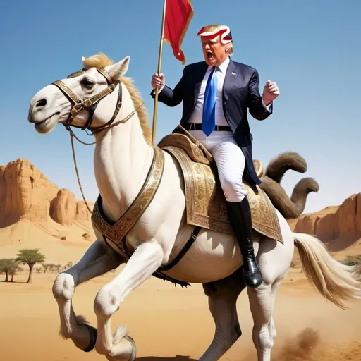 Prompt: In a realistic style Donald Trump sits atop a white horse while jousting with a monkey on a camel