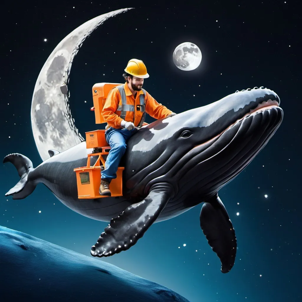 Prompt: A man dressed as a construction worker riding on the back of a whale in outer space. Moon is out.