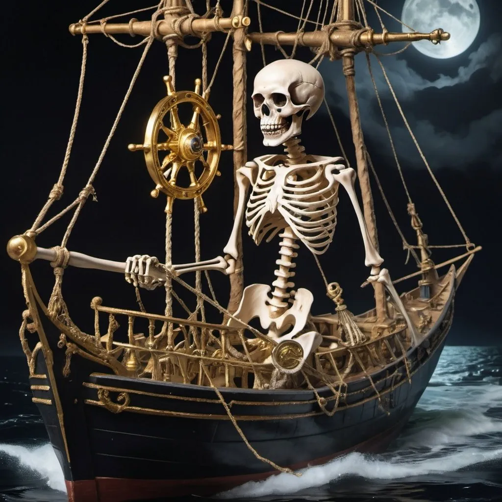 Prompt: A skeleton wearing a head bandana and gold earrings pilots the wheel of a ghostly masted ship on black waters