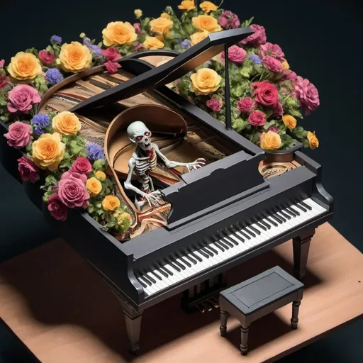 Prompt: Top view of a zombie playing a grand piano on a stage filled with flowers