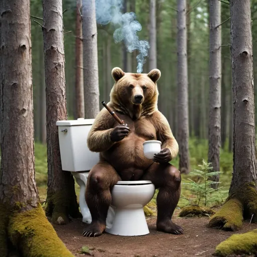 Prompt: A bear in the woods sitting on a toilet smoking a pipe