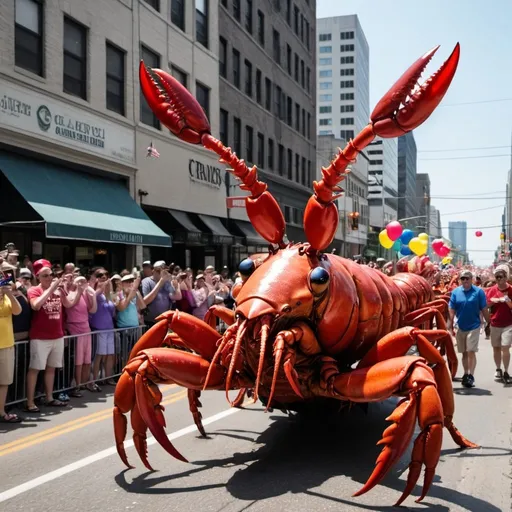 Prompt: Giant crawfish March in a parade through a crowded city street