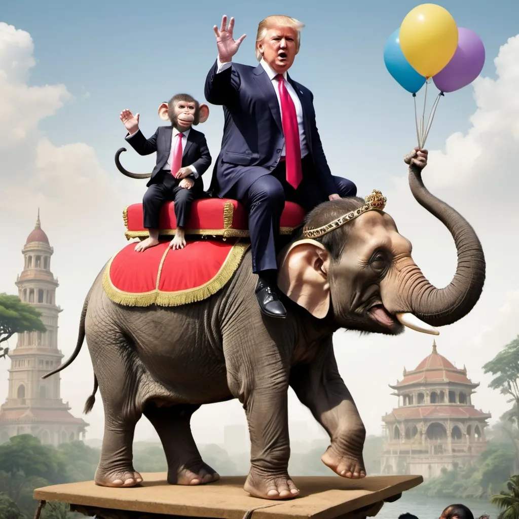 Prompt:  Donald Trump sits atop an elephant. The Elephant is wearing a tutu and is riding a tiny bicycle across a tightrope while three monkeys stand underneath