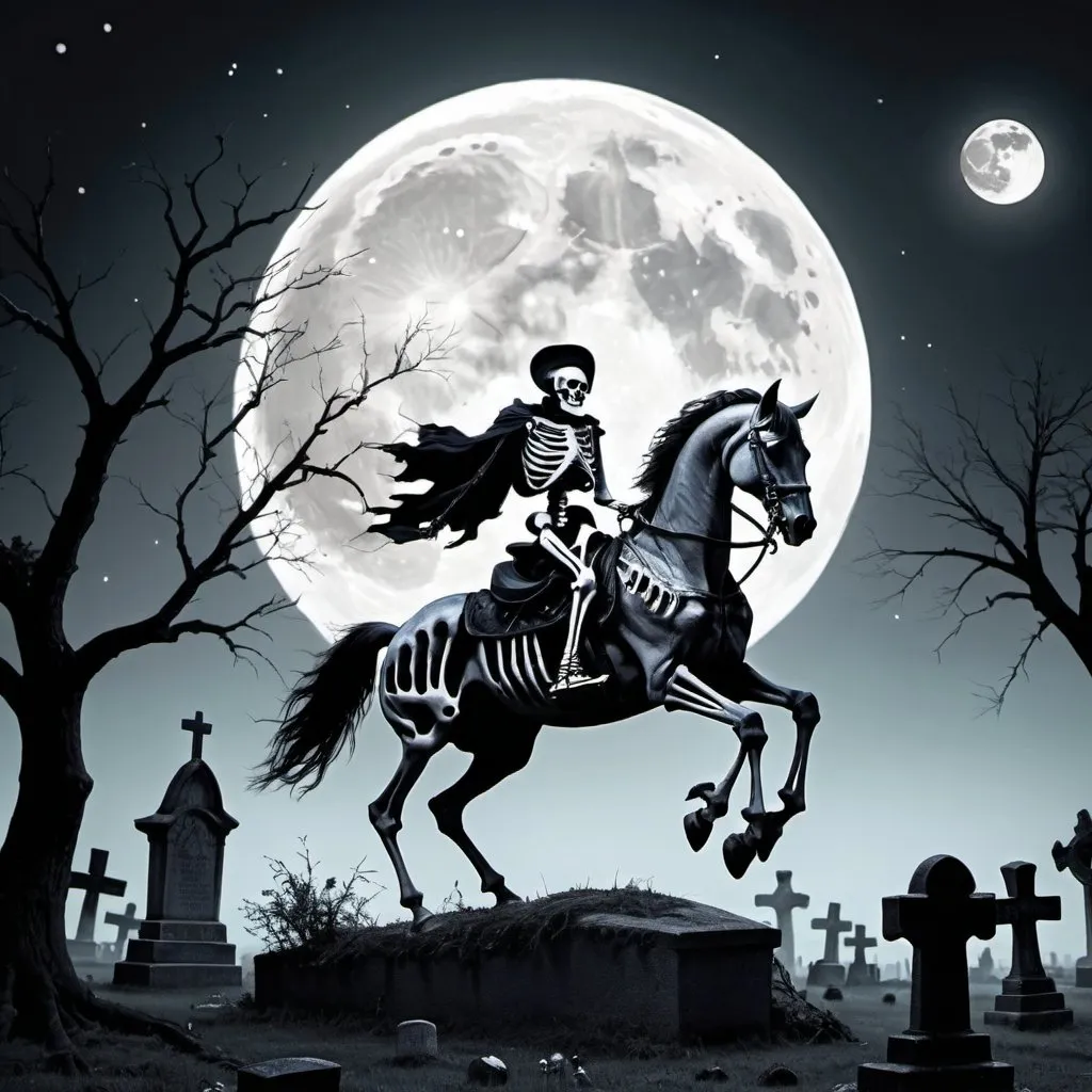 Prompt: A skeleton riding a horse in a graveyard ful moon