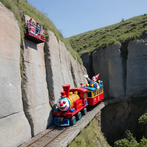 Prompt: A side view of a small train being driven off a cliff by a clown with a red nose