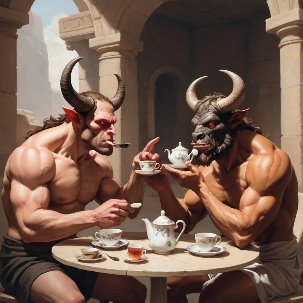 Prompt: A cyclops and a minotaur having tea 