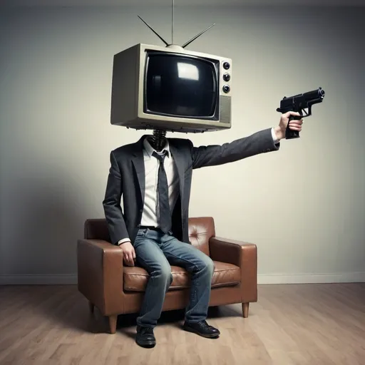 Prompt: A person with a television head commiting suicide with a gun 