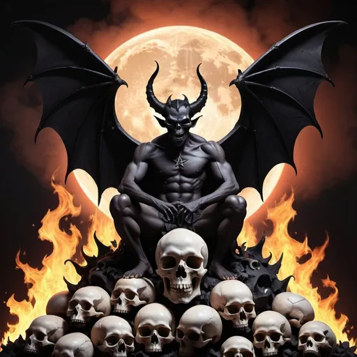 Prompt: A black demon with bat wings sits on a pile of human skulls on fire. Full moon pentagram 