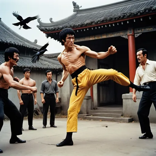 Prompt: A street scene. Bruce Lee sends a roundhouse kick to a clown's chest while crows fly overhead