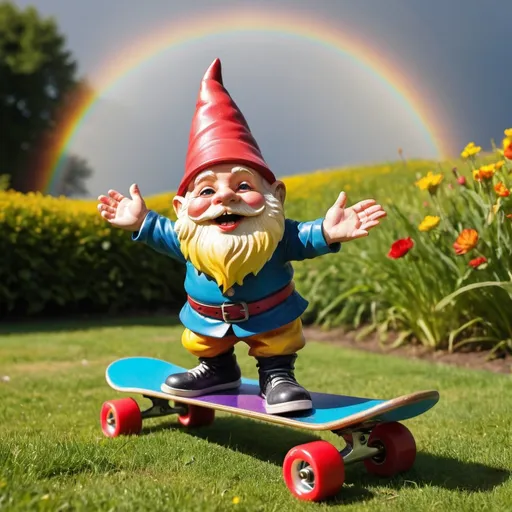 Prompt: A garden gnome juggling on a skateboard riding on grass, while the sun shines down a rainbow