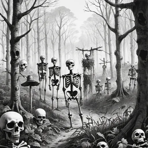 Prompt: A black and white drawing of skeletons and scarecrows hiding in the forest