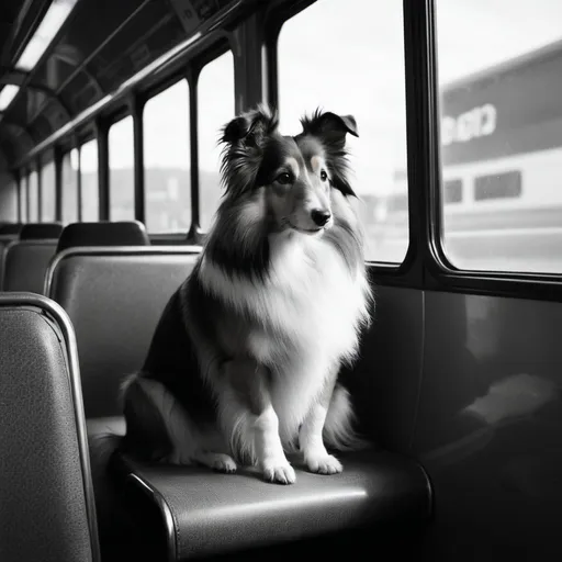 Prompt: Photo of a sheltie sitting on a bus, dramatic in the style of Dirk Braeckman, B&W